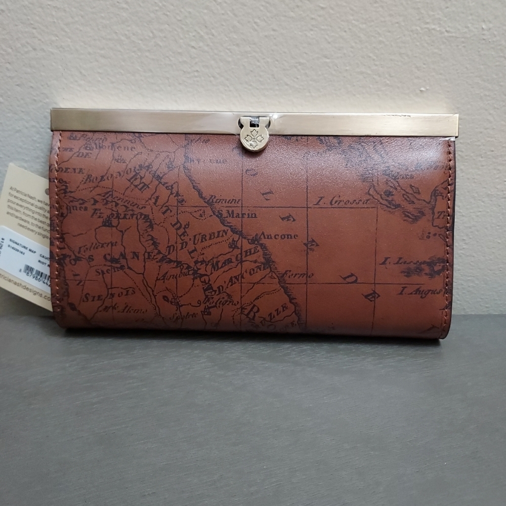 NWT Patricia Nash Cauchy Map Print Riot Rust Leather Wallet